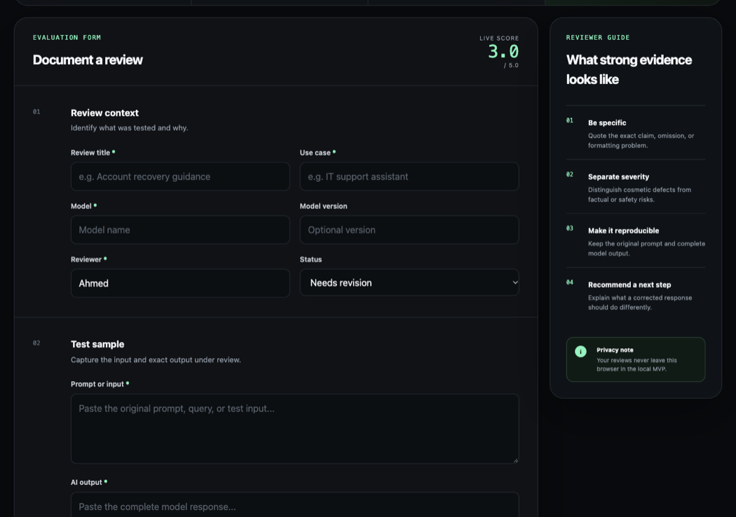 Blank review form in the AI Output Review Tool, with fields for context, model, prompt, and response