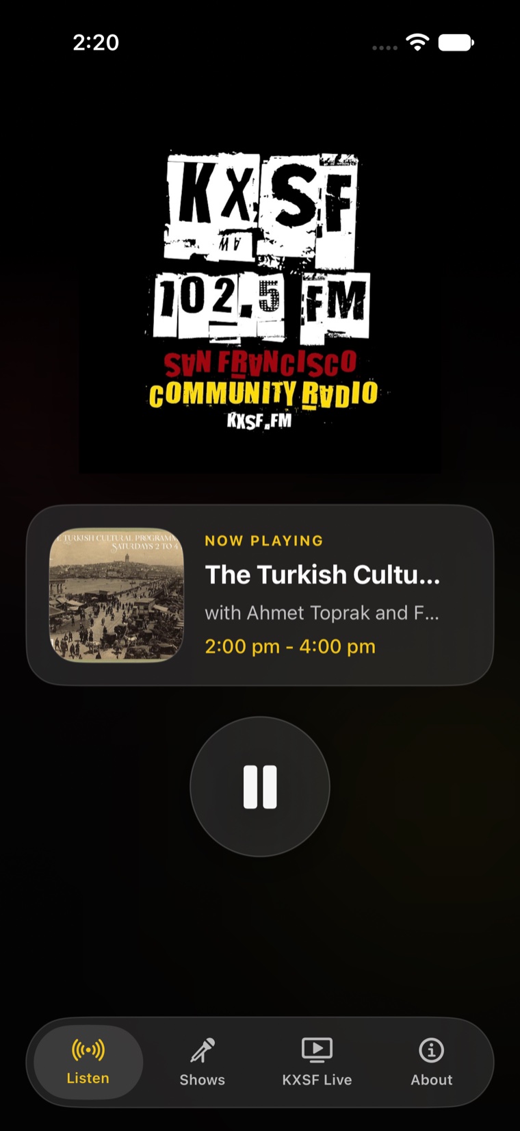 KXSF Version 2 Listen screen showing live playback and current-show information