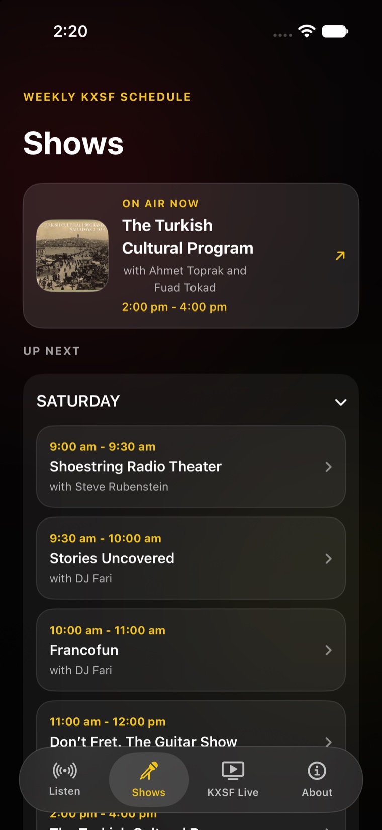 KXSF Version 2 Shows screen with the station's schedule